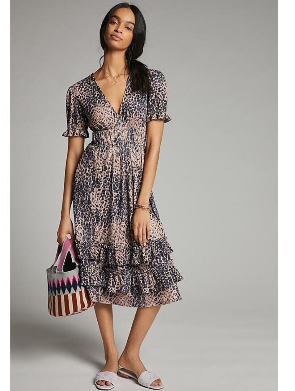 ANTHROPOLOGIE HUTCH ADELIA RUFFLED MIDI DRESS Leopard Print Size M Puff Sleeve